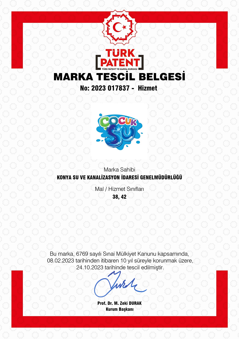 ÇucukSu Marka Tescil Belgesi