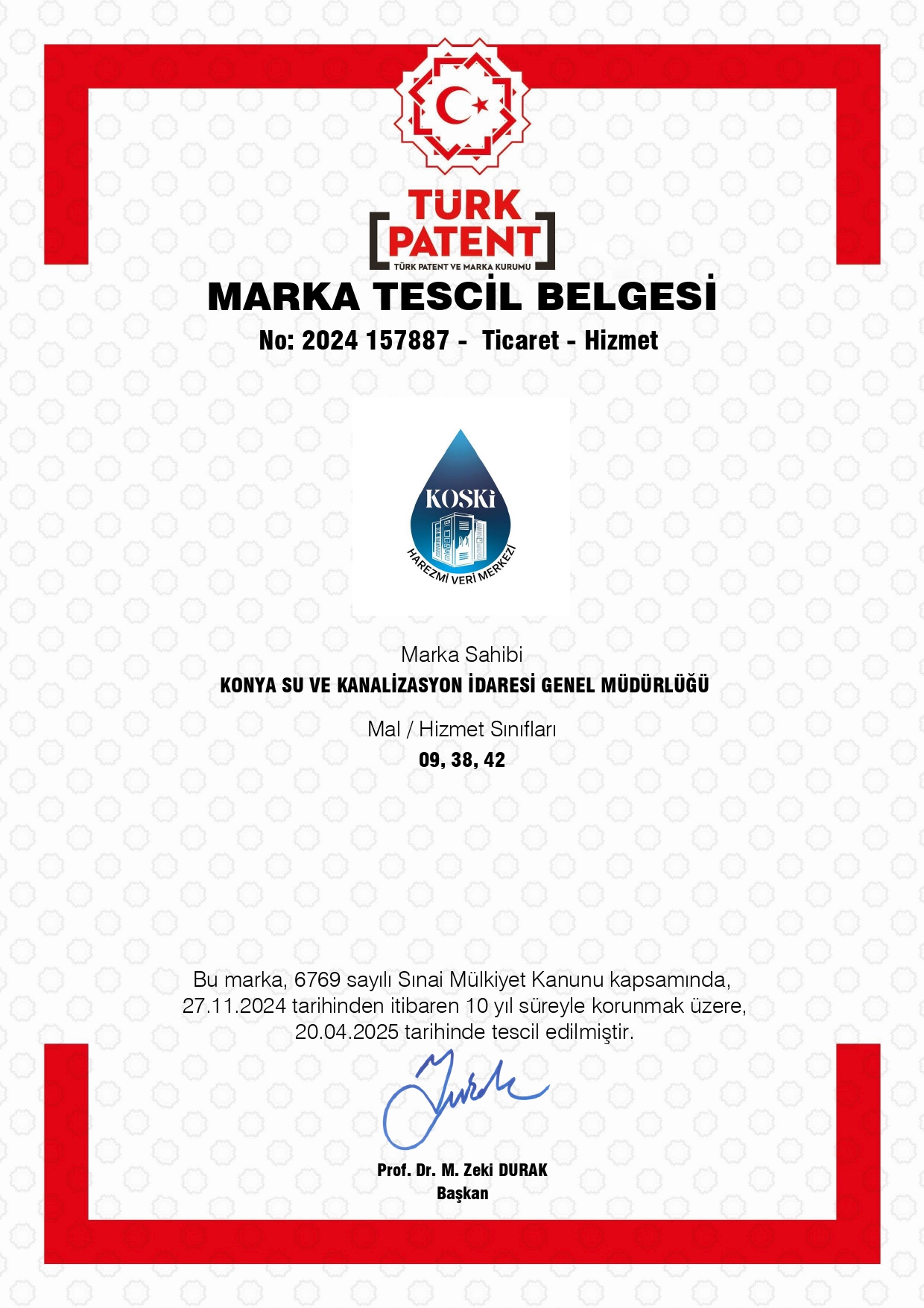 Harezmi Veri Merkezi Marka Tescil Belgesi