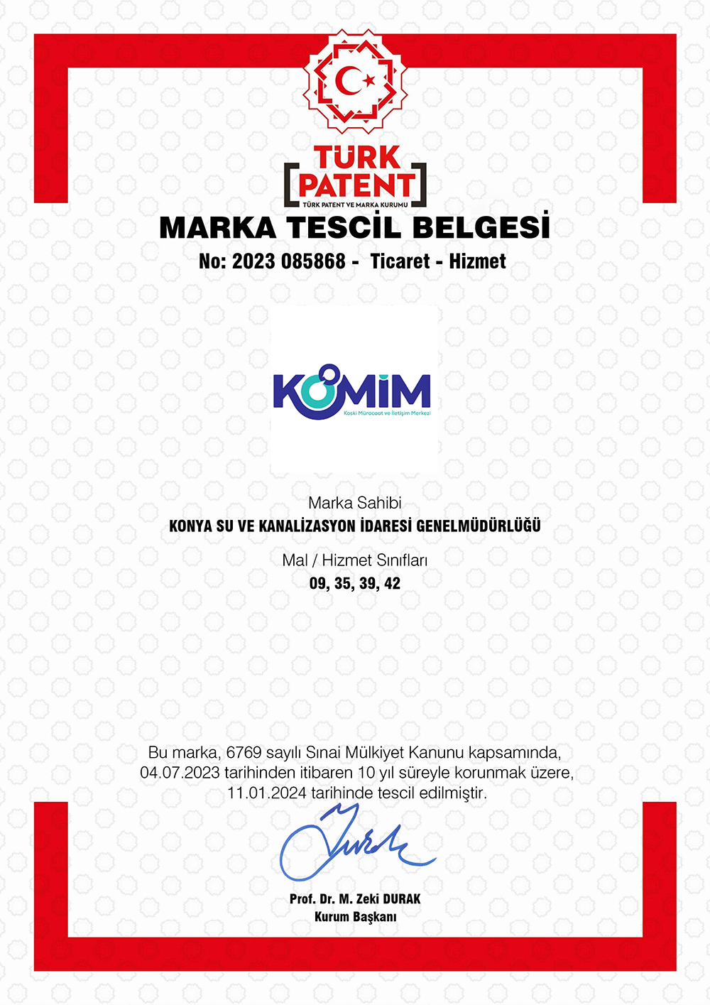 KOMİM Marka Tescil Belgesi