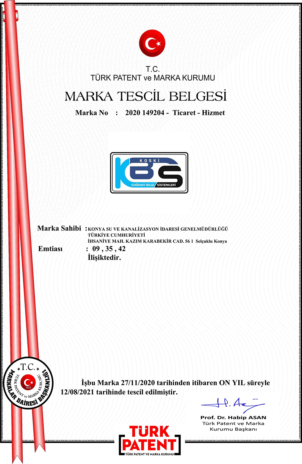 KOSKİ CBS Marka Tescil Belgesi