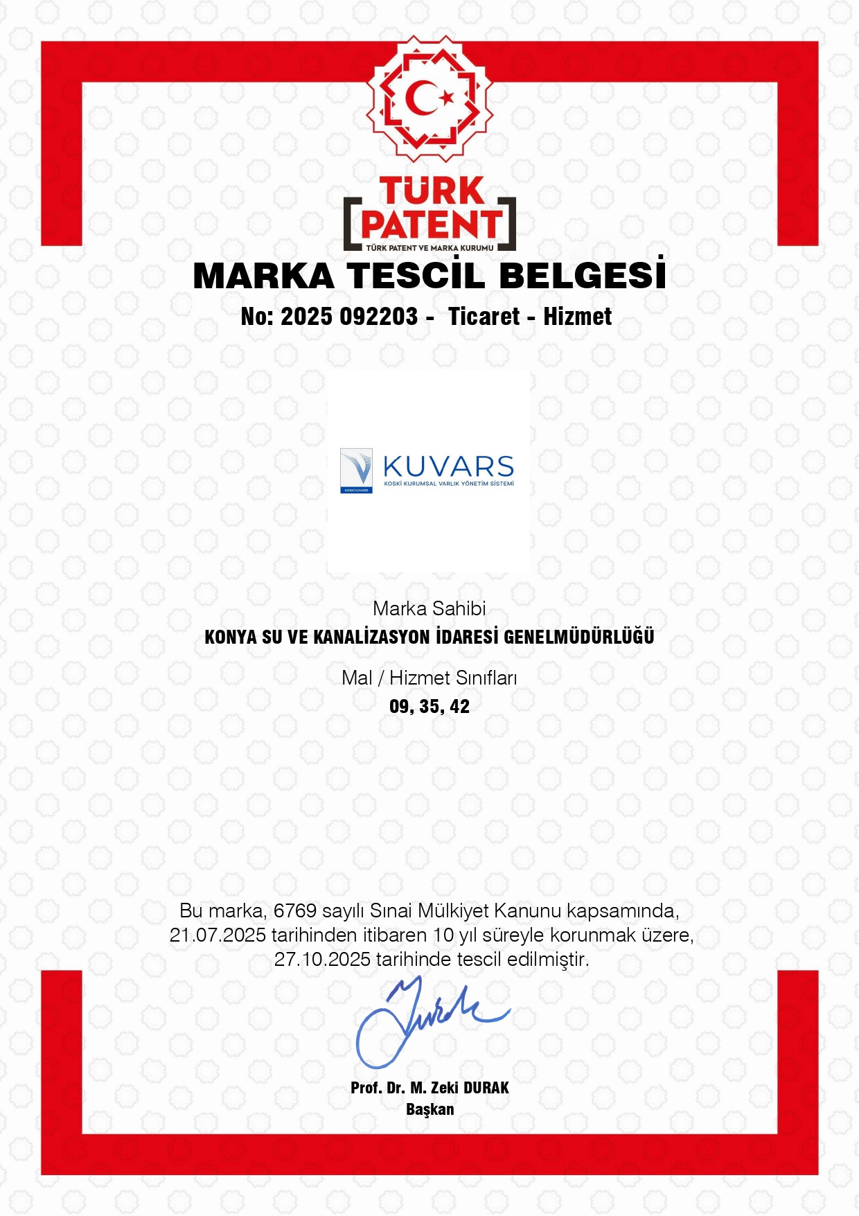 KUVARS Tescil Belgesi