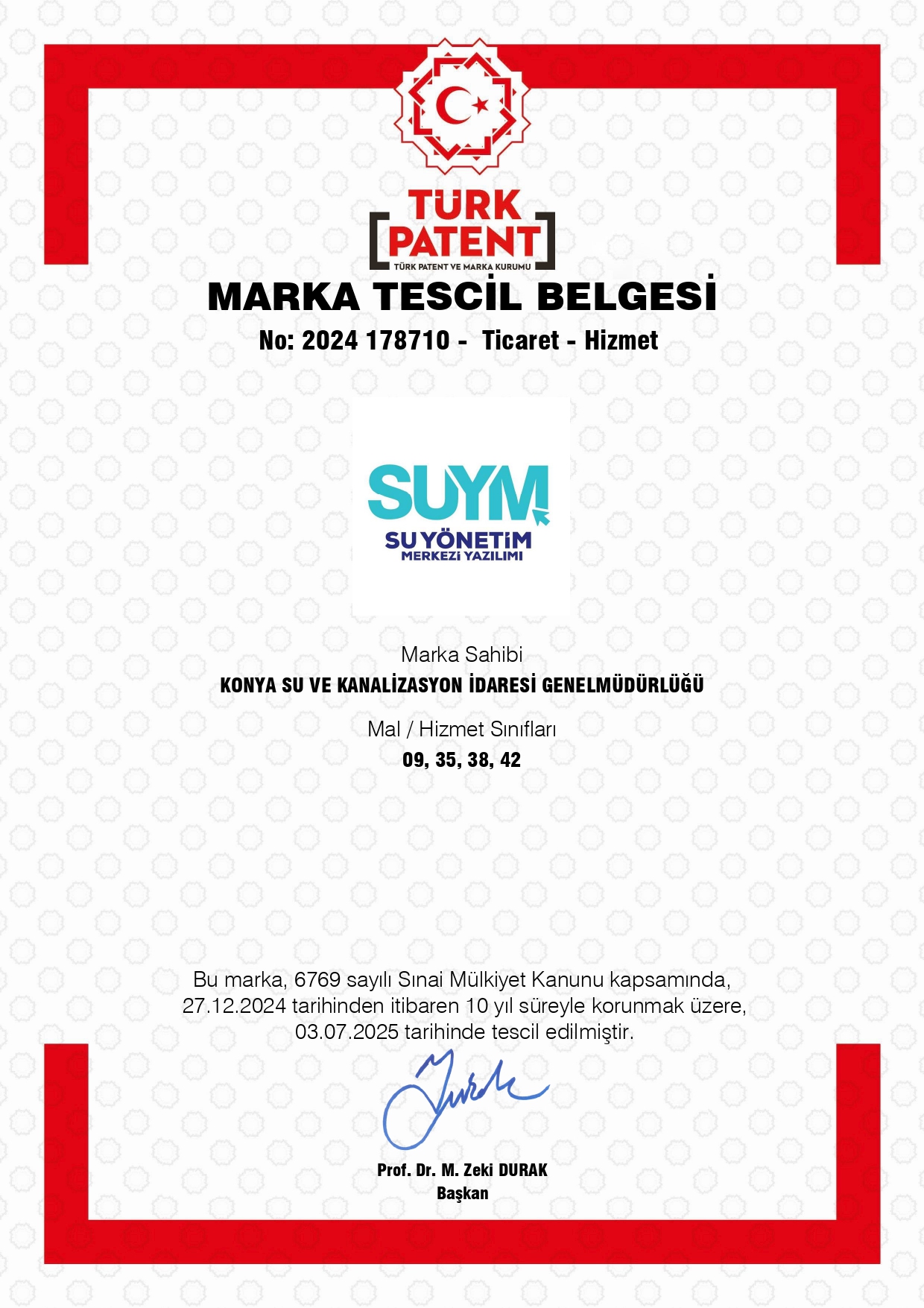 SUYM Marka Tescil Belgesi