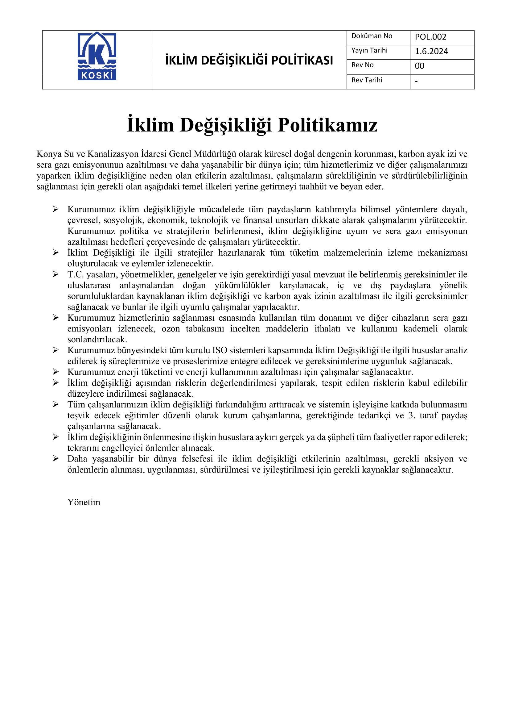 İklim Değişikliği Politikamız